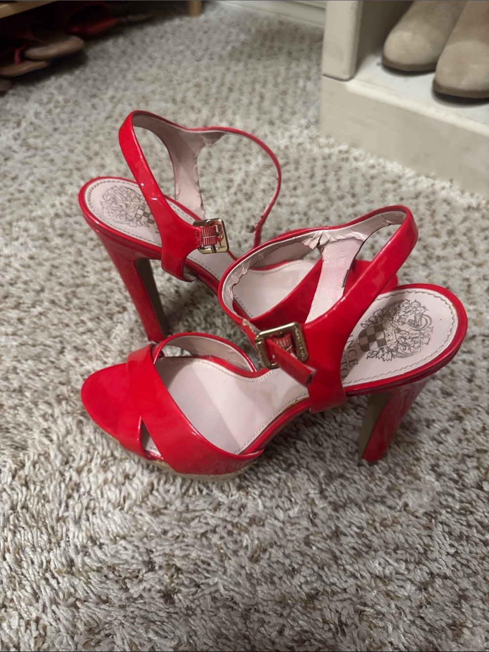 Vince Camuto Red Patent High Heel Platform Sandals with Ankle Strap